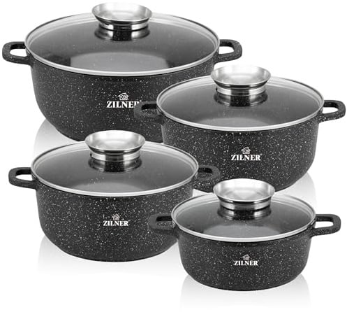 Kochtopf Set Induktion - Topfset mit Glasdeckel - Töpfe für alle herdarten - Antihaftbeschichtung aus Schwarz - ZILNER® (ZILNER 7320)