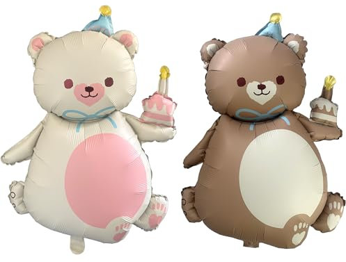 Bär Luftballons Geburtstag Ballon Großer Brauner Bär Folienballons Baby Show Geburtstag Party Dekoration 2 Stück Teddybär Halten Kuchen Ballons(Braun und Creme Weiß)