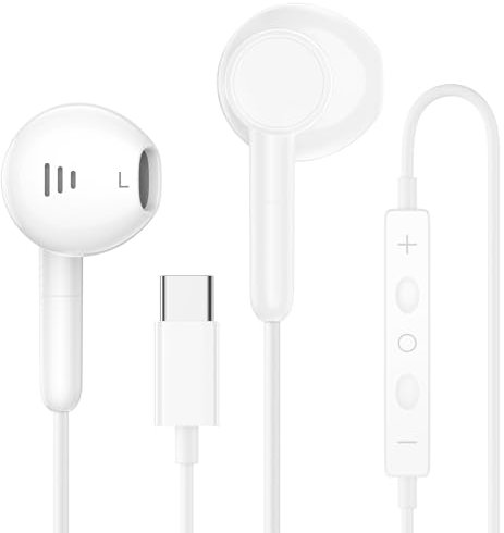 Auriculares USB-C Compatibles con iPhone 16/15/Pro Max/Plus,Galaxy S24 Ultra/S23/S22/S21 FE/S20/A54/A53,i-Pad Pro,H-uawei–Auriculares Intraurales Tipo C con Micrófono,Cable y Control de Volumen-Blanco