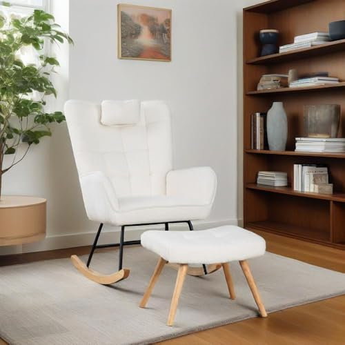 LANTRO JS Schaukelstuhl, Lesesessel mit 1 Kopfkissen und 1 Fußhocker (49x38x38cm), Relaxsessel, Loungesessel, Stabiles Gummifußgestell, Weiß