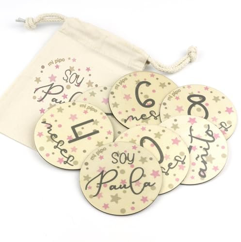 Mi Pipo - Tarjetas Cumple Mes Bebe Personalizadas | Set de 7 Discos Placas Cumple Mes Bebe Madera con Nombre | Ideal como Regalo Bebé Recien Nacido Original, Bolsa Algodón Incluida | Estrellas Rosa
