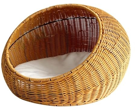 CHEMYO Willow Animal House, with Washable Cushion & Bamboo Mat Handwoven Wicker Pet House for Indoor Cats, Animal Basket (50 x 40 cm, H35)