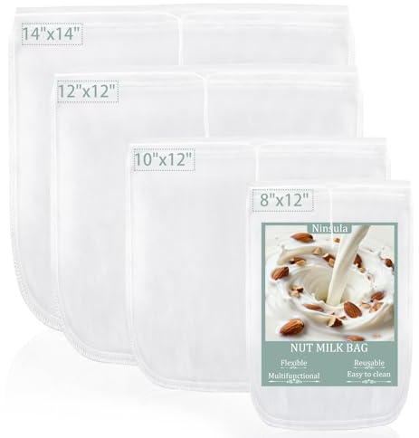 Ninsula 4PCS Nut Milk Bag, Food Grade Nylon Cheese Cloth Bag, Straining Reusable Fine Mesh Strainer for Tea, Yogurt, Juice, Cheese, Soup, Herbs, Vegetable Juice (8x12/14x14/10x12/12x12)