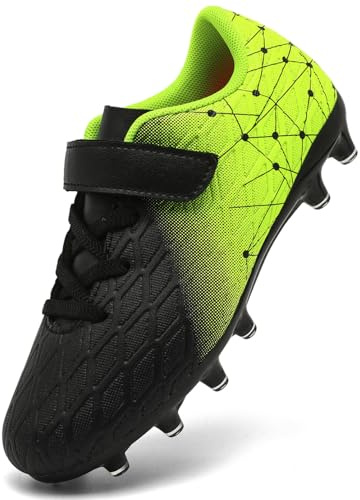 DimaiGlobal Boys Football Boots Kids Girls Club Firm Ground Soccer Shoe Astro Turf Trainers Athletics Sport Futsal Shoes Teenager Profession Competition Outdoor Sneakers Unisex 12UK Black/Green