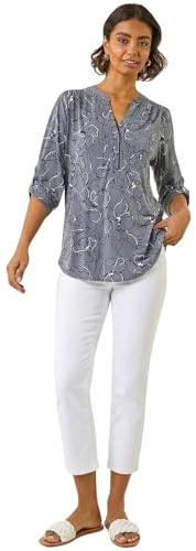Roman Shirt for Women UK Ladies Top Collarless Blouse Stretchy Tunic Smart Casual Autumn Winter Jersey 3/4 Length Sleeve Notch V Neck Flattering Office Work - Floral Grey - Size 14
