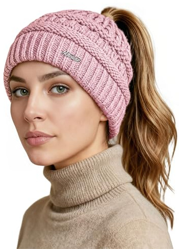 Neverless® Damen Strickmütze Mütze Zopfloch Grobstrick Ungefüttert Wintermütze Langhaar Frauen Rosa Unisize