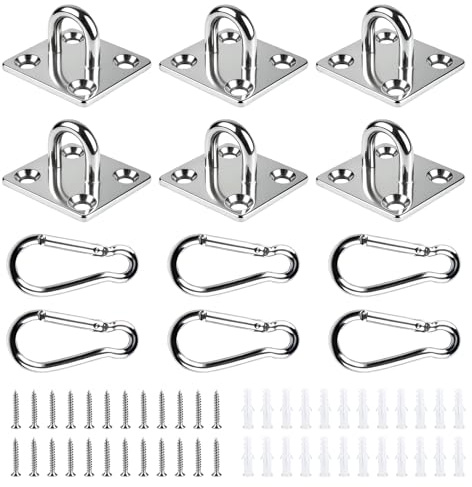 YUUTIAL Heavy Duty Pad Eye Plate, 6PCS M5 Stainless Steel Oblong Pad Eye Plate Carabiner Clips, U Hooks with Screws Ceiling Hook for Hanging Basket Planters Roof Beam Ceiling Fan Swing Suspension