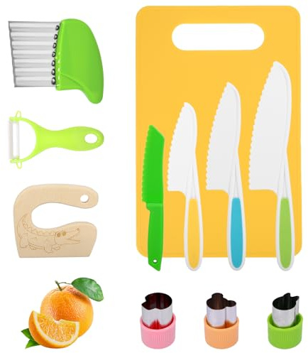 Vexnaro Couteau Cuisine Enfants, 11 Pièces Kit Couteaux de Sécurité avec Planche à Découper et Éplucheur, Ustensiles Montessori pour Couper Fruits et Légumes pour Enfants à Partir de 2 Ans (11)