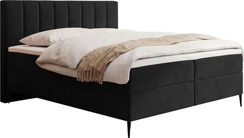WFL GROUP Boxspringbett mit Bettkasten – Polsterbett 200 x 200 cm mit H4 Taschenfederkern 7-Zonen Matratze & 5 cm Topper – Stauraumbett mit hohem Kopfteil & Metallfüße – Samt Velours Schwarz