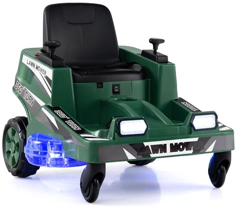 GYMAX 12V Kids Ride on Car, Children Electric Car with Dual Control Sticks, Lights, 360° Twist and Turn, Battery Powered Lawn Mower for 3 Years Old+ (Green)
