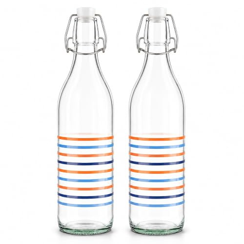 Pack 2 Botellas Cristal Reutilizable 1L Tapón Hermético para Agua Zumo | Diseño Decorativo de Rayas Ideales para Servir y Conservar Bebidas Frías
