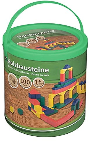 Idena 40030 - Holzbausteine in verschiedenen Farben und Formen, ab 12 Monaten, 100 Stück im Eimer