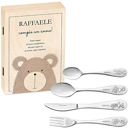 Maverton Set di 4 posate per bambini con incisione + scatola in legno con stampa personalizzata - motivo animali - idea regalo neonato maschio - bear