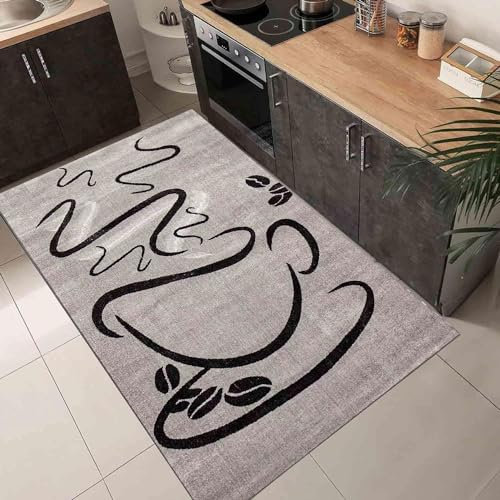 VIMODA Küchenteppich Grau Trendiger Kaffee Teppich, Cappuccino Muster Küchenläufer Kurzflor, Maße:80 x 150 cm