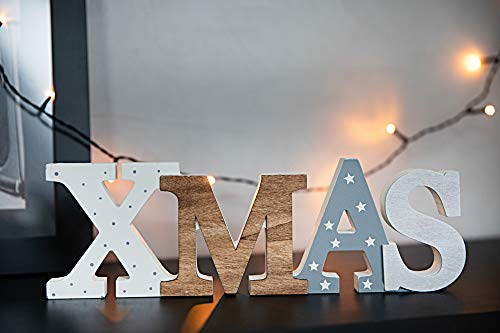 HEITMANN DECO Schriftzug Xmas aus Holz - weiß/grau/braun - mit Punkten und Sternen - Aufsteller - Weihnachtsdekoration, 30 x 2.3 x 10 cm