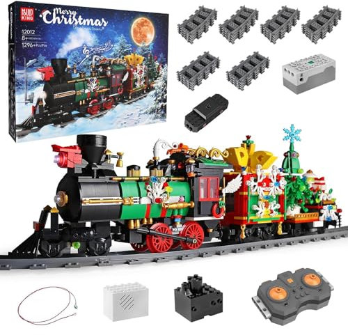 Mould King 12012 Weihnachten Bausteine Bausatz, 1296 Teile Elektrischer Festlicher Weihnachtszug Modell mit Motorens, Beleuchtung und Musikeffekt, Ferngesteuert Weihnachten Spur Fahrzeug