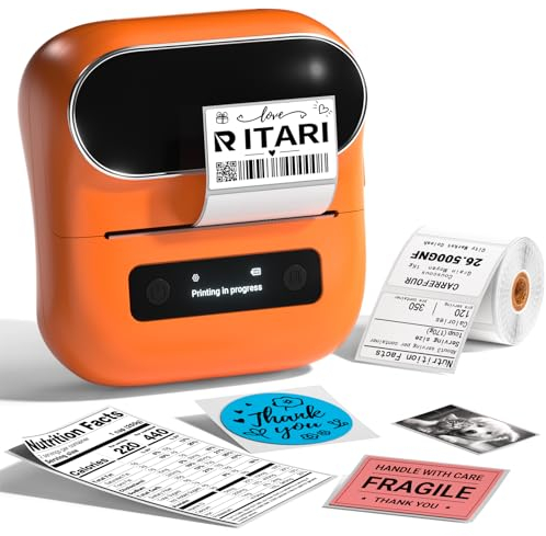 Itari M220 Wireless Thermischer Etikettendrucker, Upgrade 80mm Etikettiergeräte für Zuhause, Büro und kleine Unternehmen, adress drucker kompatibel mit iOS & Android, mit 1 Rolle Etiketten (Orange)
