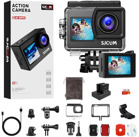 SJCAM 4K Waterproof Camera Underwater Camera Snorkeling Action Camera Dual Screen Ultra HD 170° Wide-Angle Motorcycle Helmet with Stabilization, 2 Batteries and Accessories,Gifts