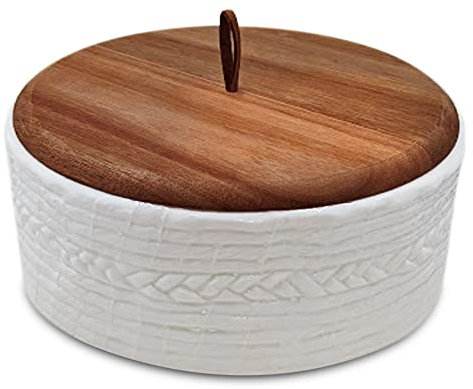 Everbrook Authentic Wood and Ceramic Tortilla Warmer - Tortilla Holder with Lid - Bread Warmer - Pancake Holder- Roti Box - 8.5 Inches