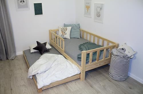 Alije Kiderbett 200x90 mit Gästebett, Naturholz Bett mit Rausfallschutz, Zwei Latternoste, Ausziehbett, Geeignet für Matratzen: 200x90+ 190x90 (Naturholz)