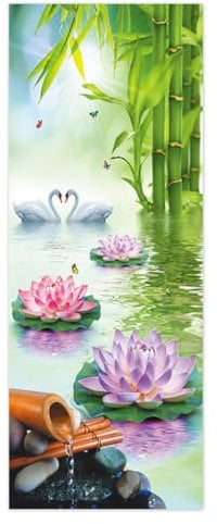Door Stickers for Interior Doors Self Adhesive, Wall Sticker Decal for Bedroom Home Decor Waterproof, Removable Premium Vinyl Upgrade, Lotus White swan Green Bamboo