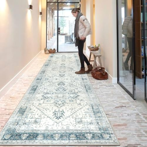 Homcomodar Vintage Flur Läufer Teppiche 80x300cm Distressed Küchen Läufer Teppiche Waschbare Boho Teppich Läufer für Flur Schlafzimmer Wohnzimmer