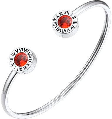FindChic Roter Stein Armreif Damen Edlestahl Römische Ziffer Armbänder Geburtsstein Rubin Armkette Offen Armschmuck für Muttertag Valentinstag Geburtstag Weihnachten