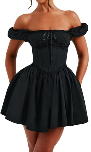 SANSIWU Women Off Shoulder Corset Mini Dress Casual Puff Short Sleeve Backless Ruched A-line Dress Boho Ruffle Beach Short Dress (Black, M)