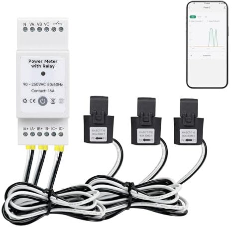 Tuya Smart Din Rail Power Monitor con Relè, Tensione in Tempo Reale, Corrente, Fattore di Potenza, Misurazione Attiva Potenza & Frequenza di Misurazione, Compatibile Singolo/3 Fase