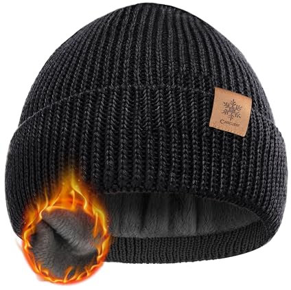 CAOZITOU Mütze Herren Damen Winter, Merino Warme Wintermütze Thermo Beanie Strickmütze Weiche Bequem für Outdoor Fahren Ski (DE/NL/SE/PL, Alphanumerisch, Einheitsgröße, Schwarz)