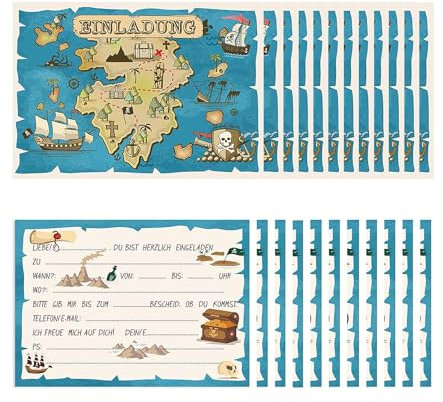 T TAKONE 12 Piraten Einladungskarten für Kindergeburtstag, piratengeburtstag Einladungskarten mit Schatzkarte Design, für Jungen und Mädchen Piratenparty Kindergeburtstag Einladungskarten