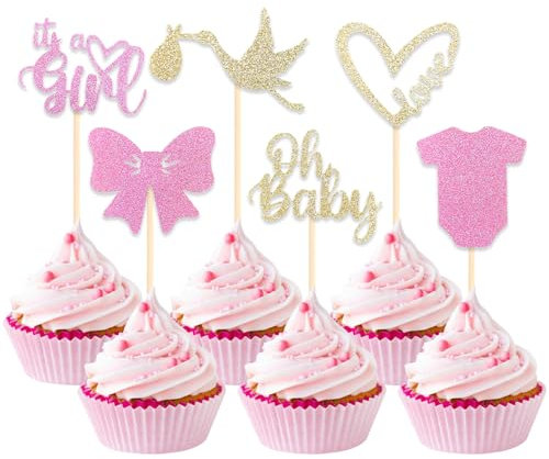 DazzJoy 24 Stück It‘s a Girl Tortendeko Oh Baby Deko Mädchen,Glitzer Baby Shower Deko für Torte,It‘s a Girl Cupcake Topper,Kuchendeko Babyparty,Gender Reveal Party,Tortendeko Babyparty