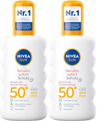 NIVEA SUN Sensitiv Sofort Schutz Sonnenspray LSF 50+ (200 ml), pflegendes Sonnenspray für empfindliche Haut bei Sonnenallergie, Sonnenmilch als praktisches Spray (Packung mit 2)