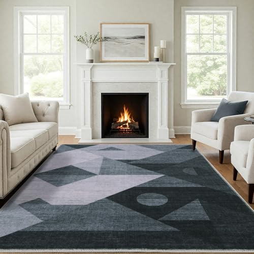 Modern Grau Waschbar Teppich 140x200cm Geometrie Abstrakt Kurzflor Teppich | Moderne Flauschig Kurzflor Wohnzimmerteppich Rutschfest Teppich für Wohnzimmer, Schlafzimmer, Esszimmer, Küche, Büro