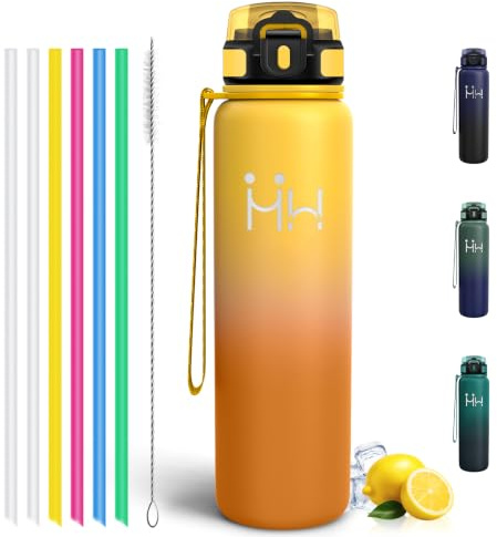Motswedi Borraccia Termica 1 Litro, con Cannuccia, Borracce Termiche, a Prova di Perdite, Borraccia Acciaio Inox, per Bevande Calde e Freddo, per Palestra, Campeggio, Yoga, Giallo Ambra Arancione
