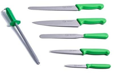THE SMITHFIELD ‘Samprene’ 6-Piece Chef Knife Set – High-Carbon Stainless Steel Blades with Ergonomic Soft-Grip Handles – Includes Essential Knives, Serrated Slicer & Sharpening Steel - Green Handle
