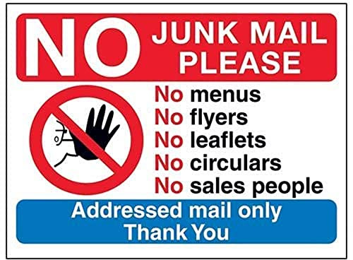 V Safety No Junk Mail Please, Addressed Mail Only Sign - 200mm x 150mm - Window Sticker