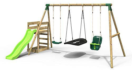 Rebo® Children's Wooden Swing Set Plus Deck and Slide - Halley Green | OutdoorToys | Kids' Playset - Sturdy Construction, Pressure Treated Timber, Soft-Feel Ropes