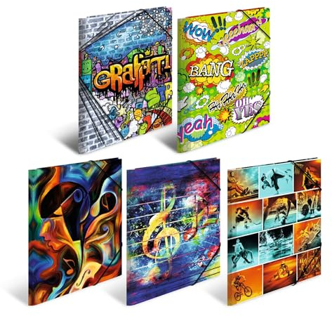 HERMA Sammelmappen A3 Design Set, 10 Stück, Kinder Eckspanner-Mappen aus Kunststoff mit Kunst Motiv, Gummizug, Innenklappen und Innendruck für Jungen und Mädchen