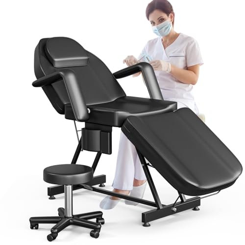 ONPNO Salon Beauty Bed and Hydraulic Stool, Adjustable 3-Section Massage Table w/Detachable Head Cushions, Professional Tattoo Chair, Facial Lash Bed for Client/Esthetician (Black)