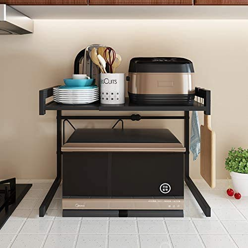 Klivien –Mikrowellen Ständer/Regal, Mikrowellenhalterung, Mikrowellen Ständer/Organizer mit 3 Hacken, Microwave Holder/Rake grössenverstellbar Schwarz