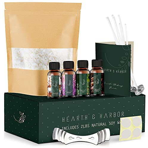 Hearth & Harbor Soy Candle Wax for Candle Making - Natural Soy Wax for Candle Making 0.9 kg Bag, Premium Soy Wax Flakes, 5 Cotton Candle Wicks, 4 Wick Stickers, & 1 Centering Devices