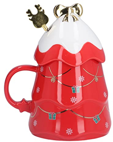 Cosiki Tasse de Noël, tasse à café 500 ml grande capacité pratique pour les cadeaux de vacances à la maison(Rouge avec couvercle et cuillère à mélanger)