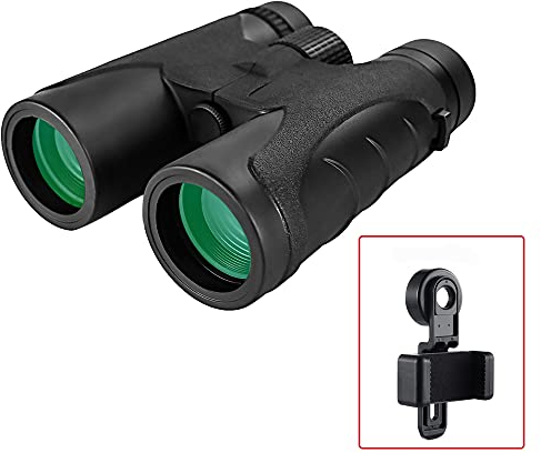 AniWorld HD Fernglas 10 x 42, Zielsuch Zoom Fernglas für Erwachsene, Vogelbeobachtung, Reisen, Camping, Jagd, Entfernungsmesser mit Handy Adapterhalterung