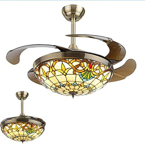 Tiffany Deckenventilator mit Beleuchtung, Vintage LED Dimmbar Deckenleuchte mit Ventilator und Fernbedienung Leise, Deckenventilator für Schlafzimmer Wohnzimmer Küche Esszimmer, Ø107cm,braun