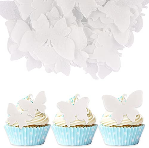 Gyufise 50Pcs Wafer 3D White Butterfly Cupcake Toppers DIY Butterfly Realistic Butterfly Dessert Decoration for Birthday Party Wedding Food Decorations Mixed Size