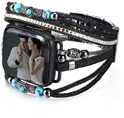 CHARMINGO Correas de cuero bohemias compatibles con Apple Watch Band para mujeres y hombres, 42mm/44mm/45mm/49mm, correa multicapa para iWatch Band Series 8, 7, 6, 5, 4, 3, 2, 1, SE Ultra, Negro 02