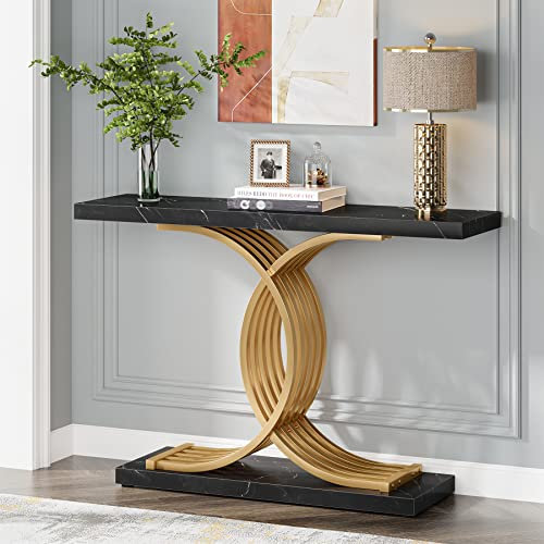 Tribesigns Schmal Konsolentisch, Beistelltisch mit geometrischen Metallbeinen, 100 x 30 x 80 cm Flurtisch, Faux Marmor schmale Holz Sofa Tisch Foyer Tisch für Eingang, Wohnzimmer (Schwarz & Gold)