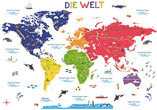 DECOWALL SG2-2301DE Weltkarte Wandaufkleber Kinder Kinderzimmer Wandtattoo Wohnkultur Kunst Reise Jungenzimmer Baby Internationales Farbposter