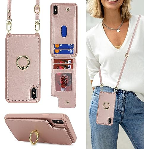 Havaya Cover iPhone X con cordino RFID Porta Carte Cover iPhone XS con cordino Ring portafoglio - Oro rosa